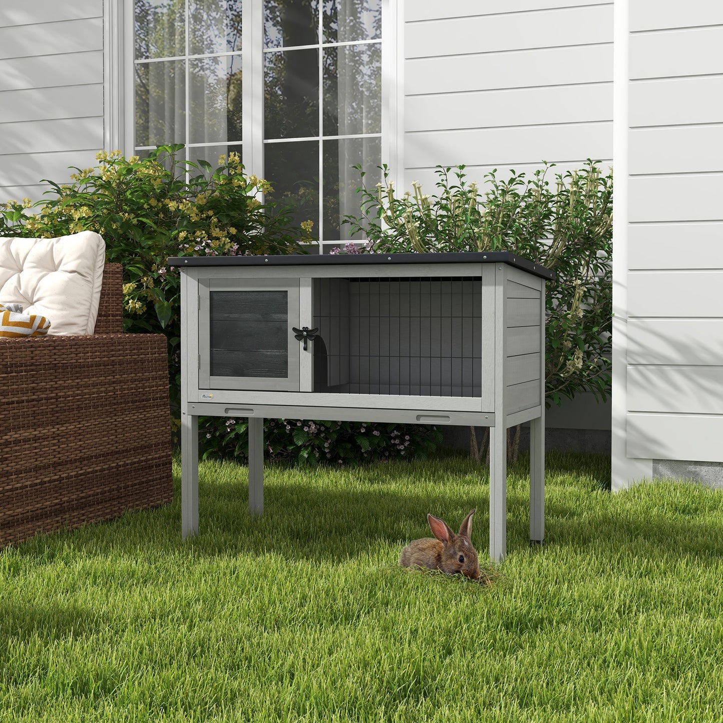Elevated Indoor Outdoor Wooden Rabbit Hutch Hinged Asphalt Roof Removable Tray