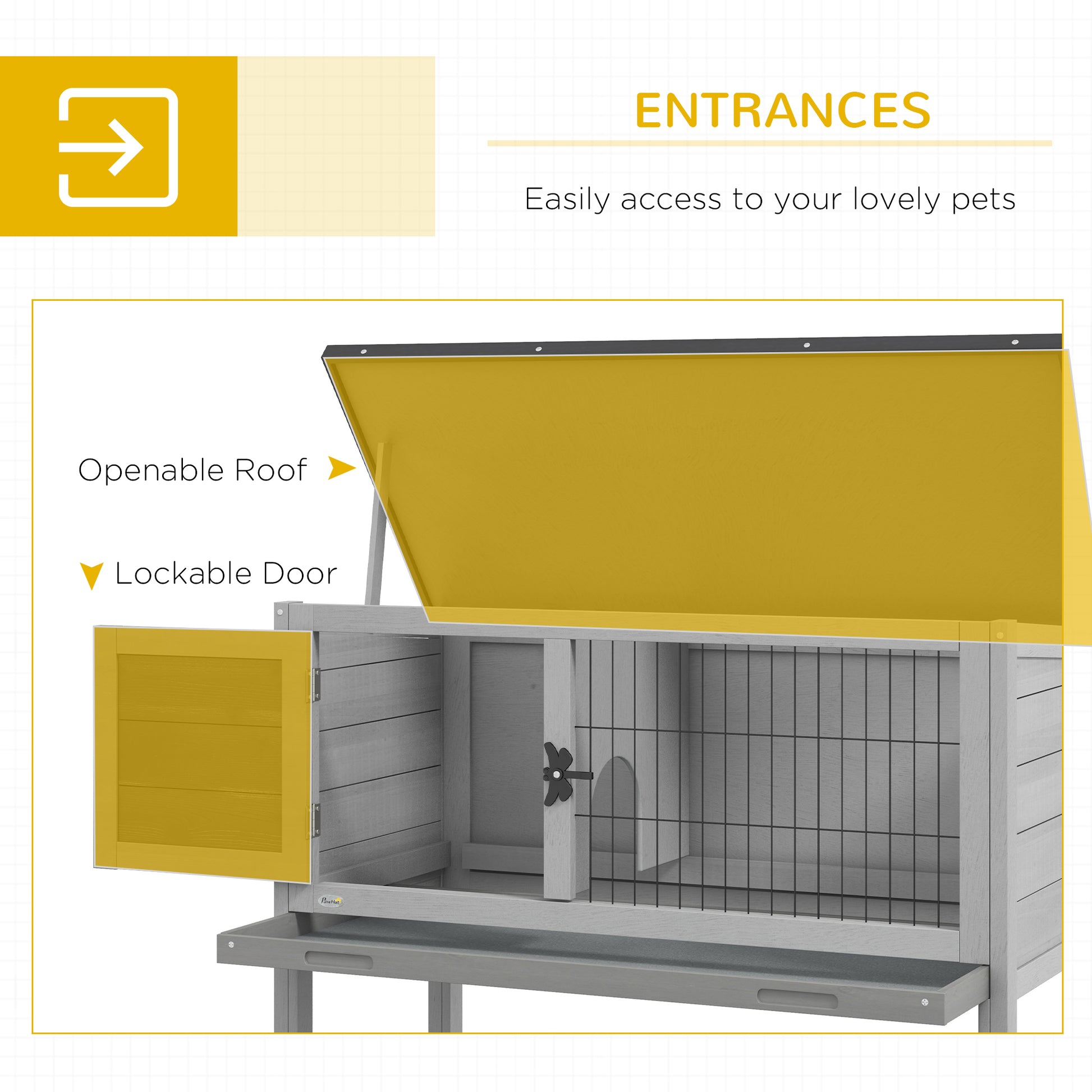 Elevated Indoor Outdoor Wooden Rabbit Hutch Hinged Asphalt Roof Removable Tray