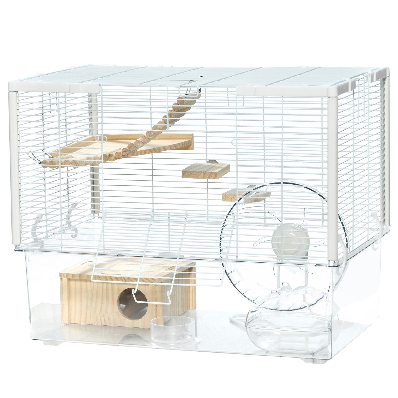 Pawhut Hamster Cage, Gerbil Cage W/ Deep Bottom, Wooden Ramp, Exercise Wheel