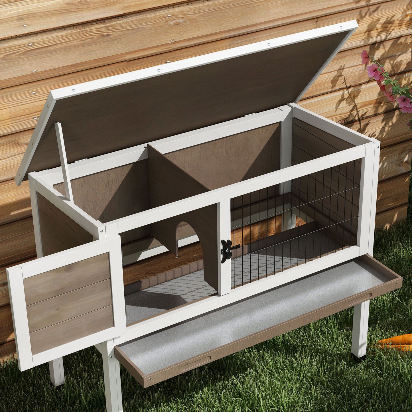 Elevated Indoor Outdoor Wooden Rabbit Hutch Hinged Asphalt Roof Removable Tray