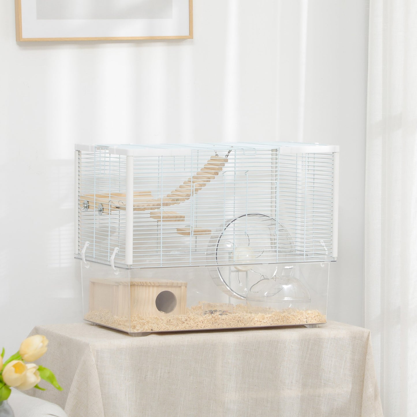 Pawhut Hamster Cage, Gerbil Cage W/ Deep Bottom, Wooden Ramp, Exercise Wheel