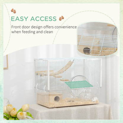 Pawhut Hamster Cage, Gerbil Cage W/ Deep Bottom, Wooden Ramp, Exercise Wheel