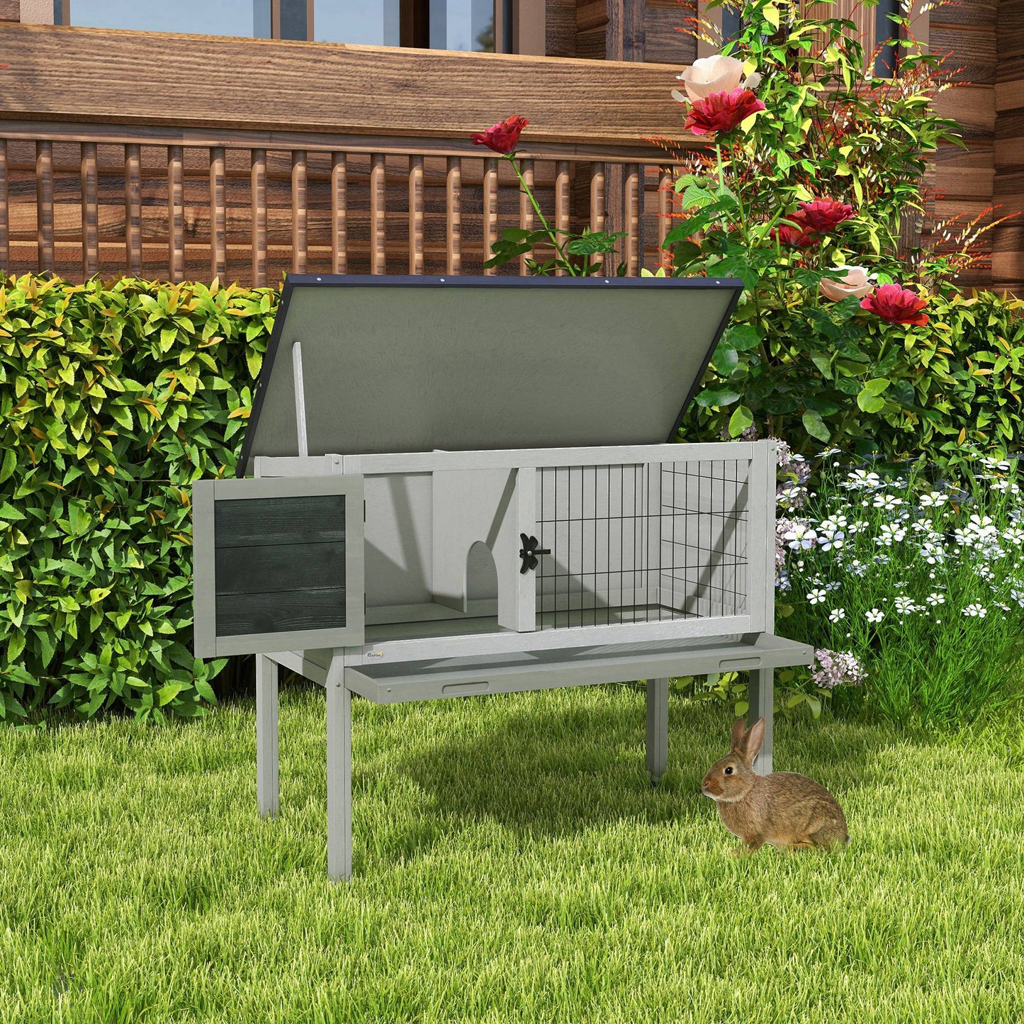 Elevated Indoor Outdoor Wooden Rabbit Hutch Hinged Asphalt Roof Removable Tray