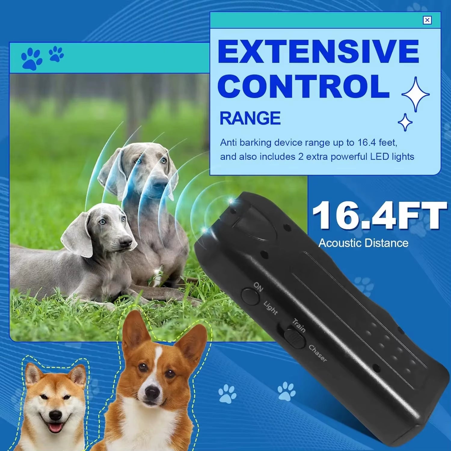Ultrasonic Dog Repeller Portable Anti-Barking Deterrent Handheld 3In1 Dog Training Device Repel Animals Pets Dog Trainer