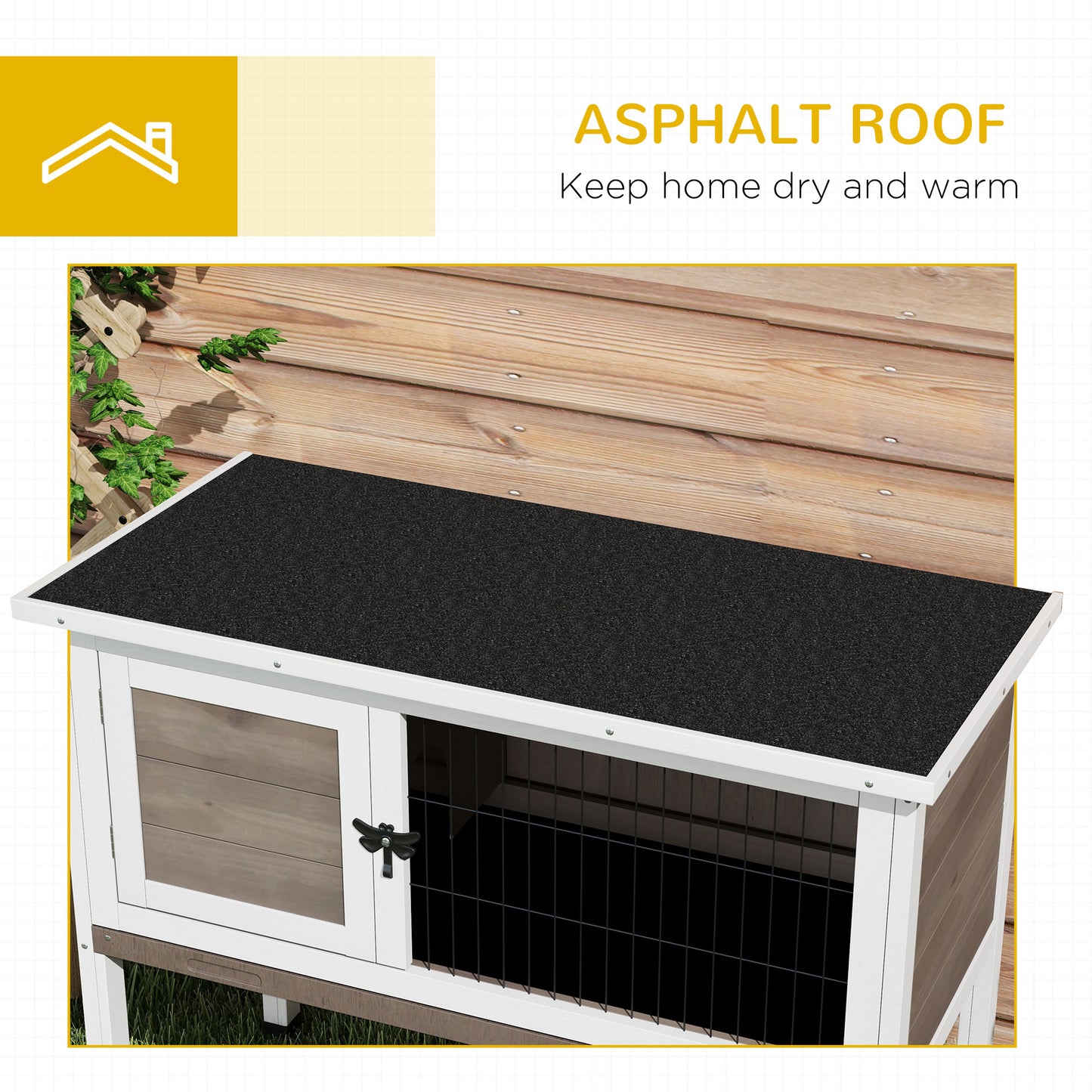 Elevated Indoor Outdoor Wooden Rabbit Hutch Hinged Asphalt Roof Removable Tray