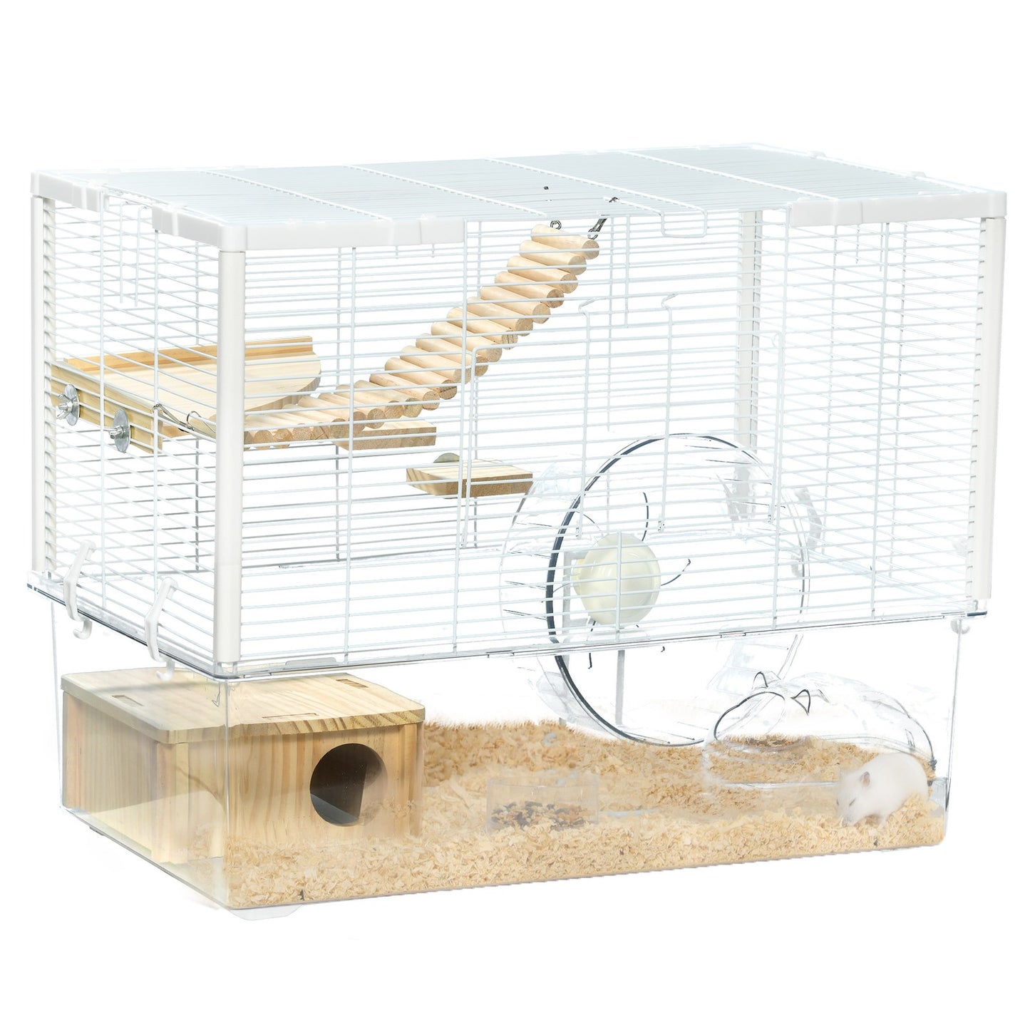 Pawhut Hamster Cage, Gerbil Cage W/ Deep Bottom, Wooden Ramp, Exercise Wheel