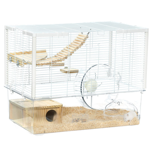 Pawhut Hamster Cage, Gerbil Cage W/ Deep Bottom, Wooden Ramp, Exercise Wheel