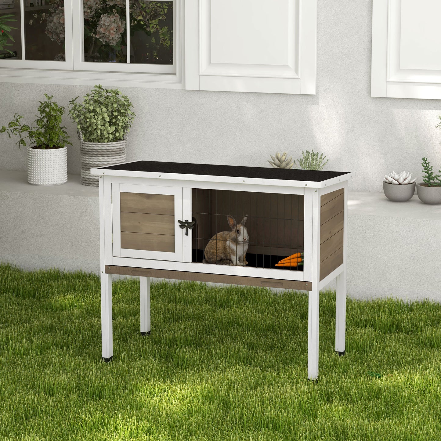Elevated Indoor Outdoor Wooden Rabbit Hutch Hinged Asphalt Roof Removable Tray
