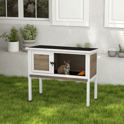 Elevated Indoor Outdoor Wooden Rabbit Hutch Hinged Asphalt Roof Removable Tray