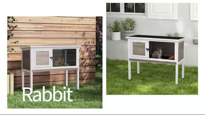 Elevated Indoor Outdoor Wooden Rabbit Hutch Hinged Asphalt Roof Removable Tray
