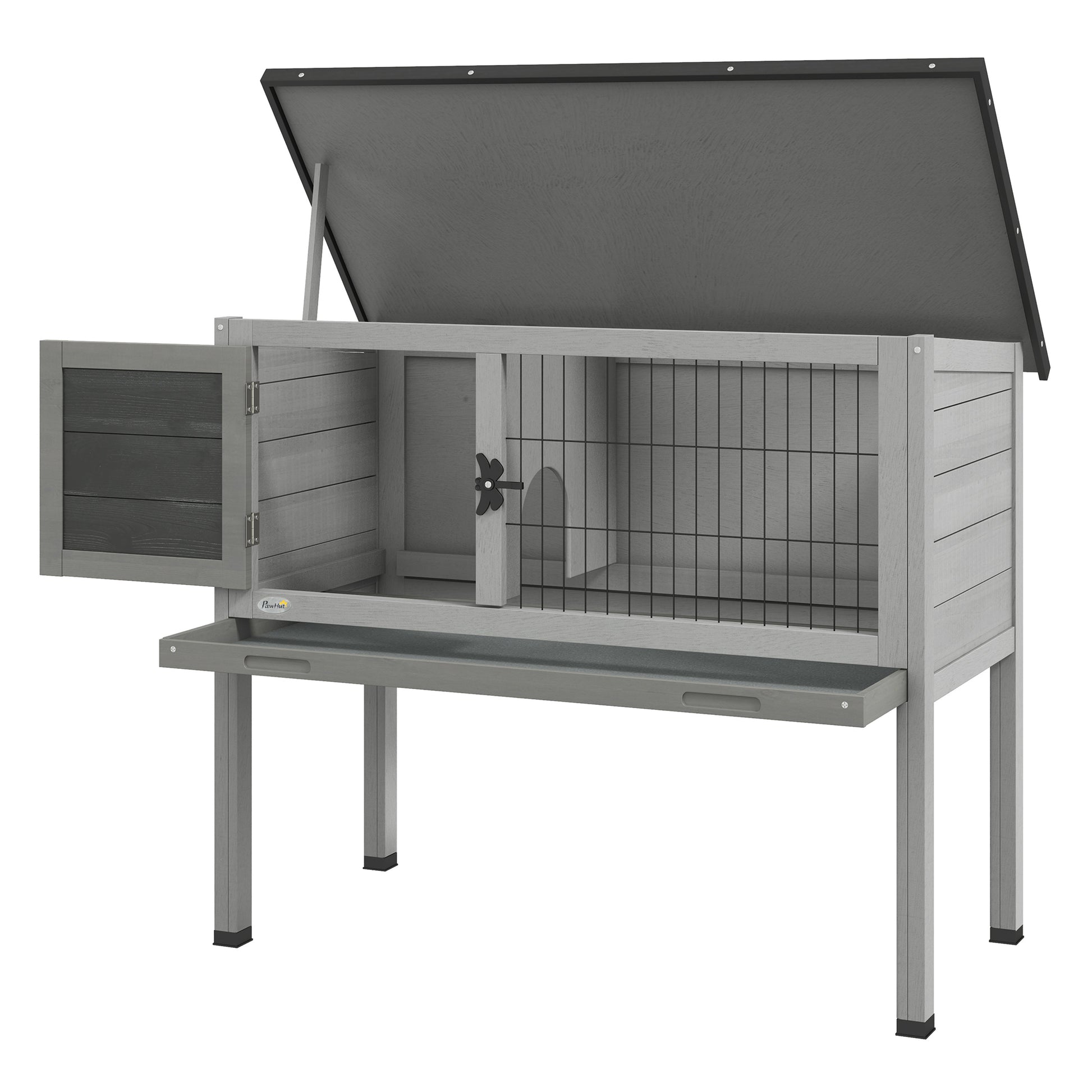 Elevated Indoor Outdoor Wooden Rabbit Hutch Hinged Asphalt Roof Removable Tray
