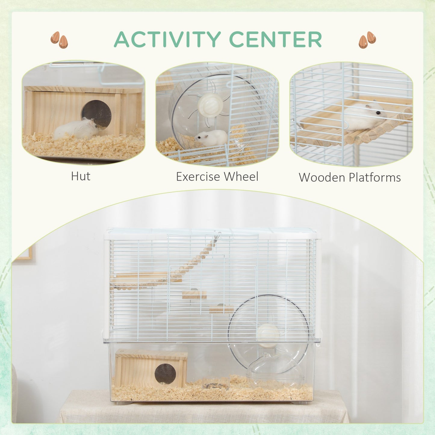 Pawhut Hamster Cage, Gerbil Cage W/ Deep Bottom, Wooden Ramp, Exercise Wheel