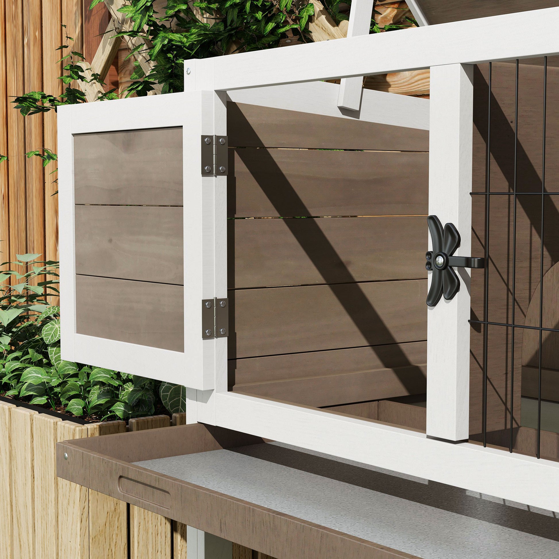 Elevated Indoor Outdoor Wooden Rabbit Hutch Hinged Asphalt Roof Removable Tray