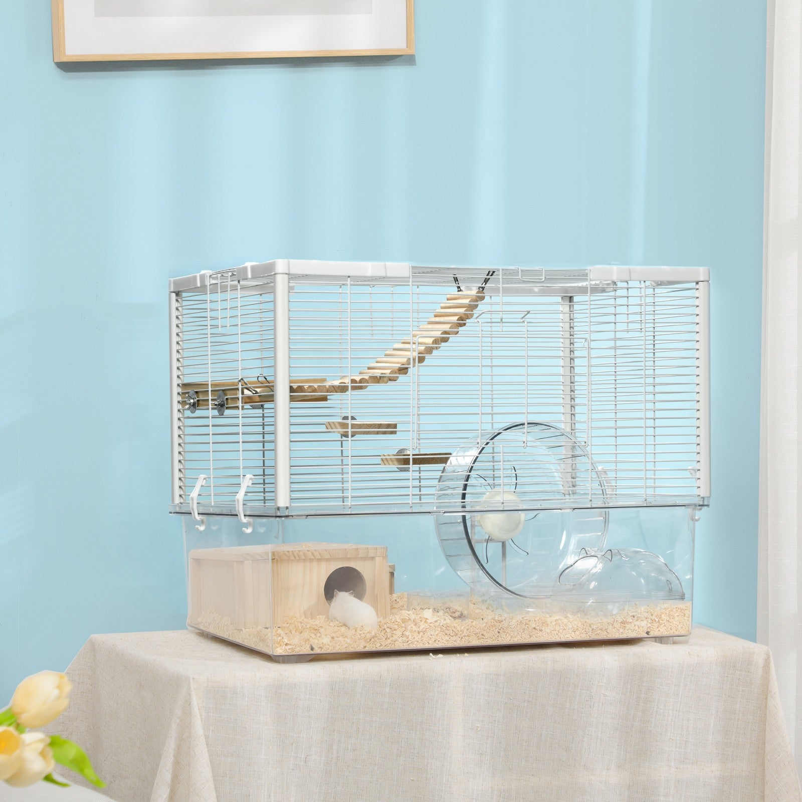 Pawhut Hamster Cage, Gerbil Cage W/ Deep Bottom, Wooden Ramp, Exercise Wheel