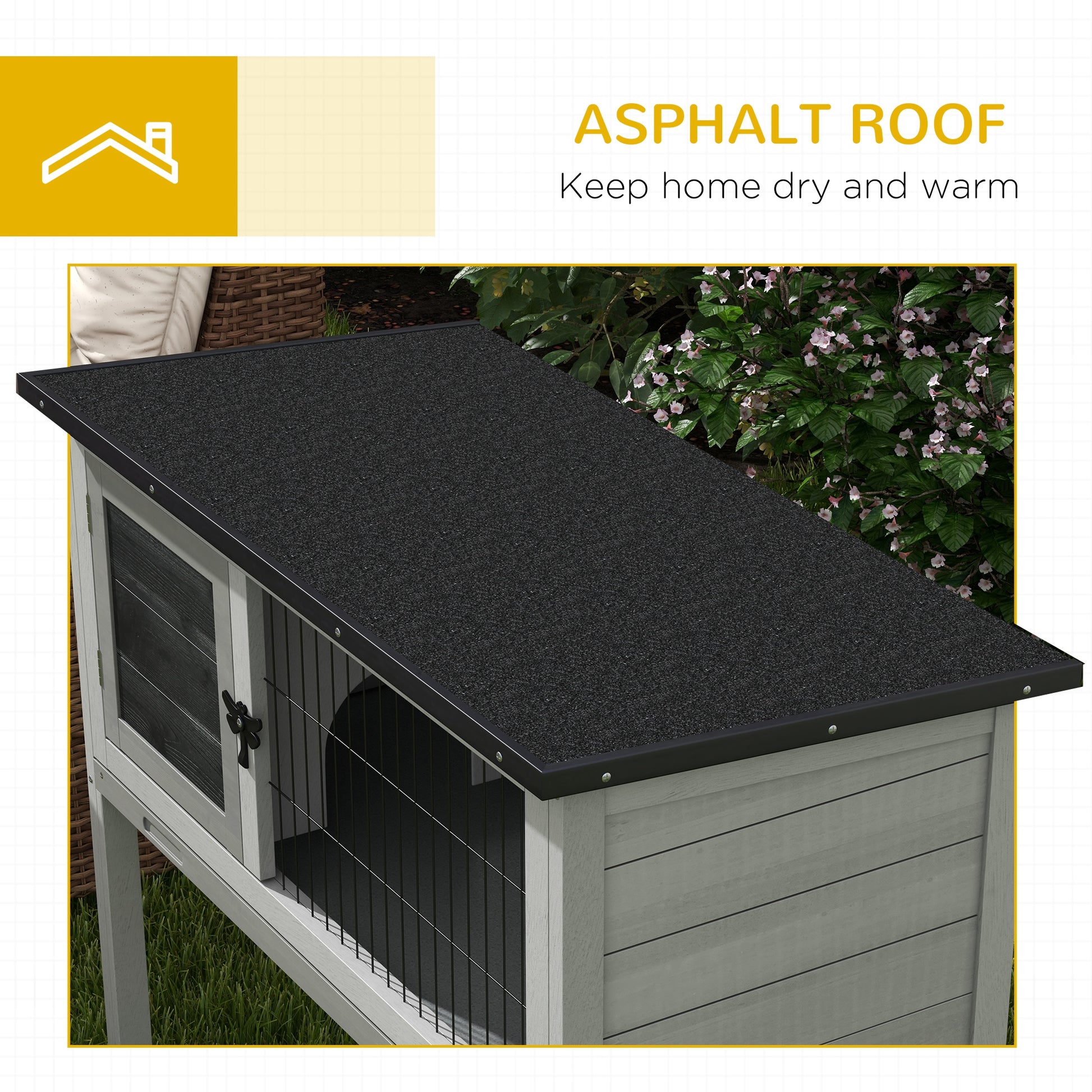 Elevated Indoor Outdoor Wooden Rabbit Hutch Hinged Asphalt Roof Removable Tray